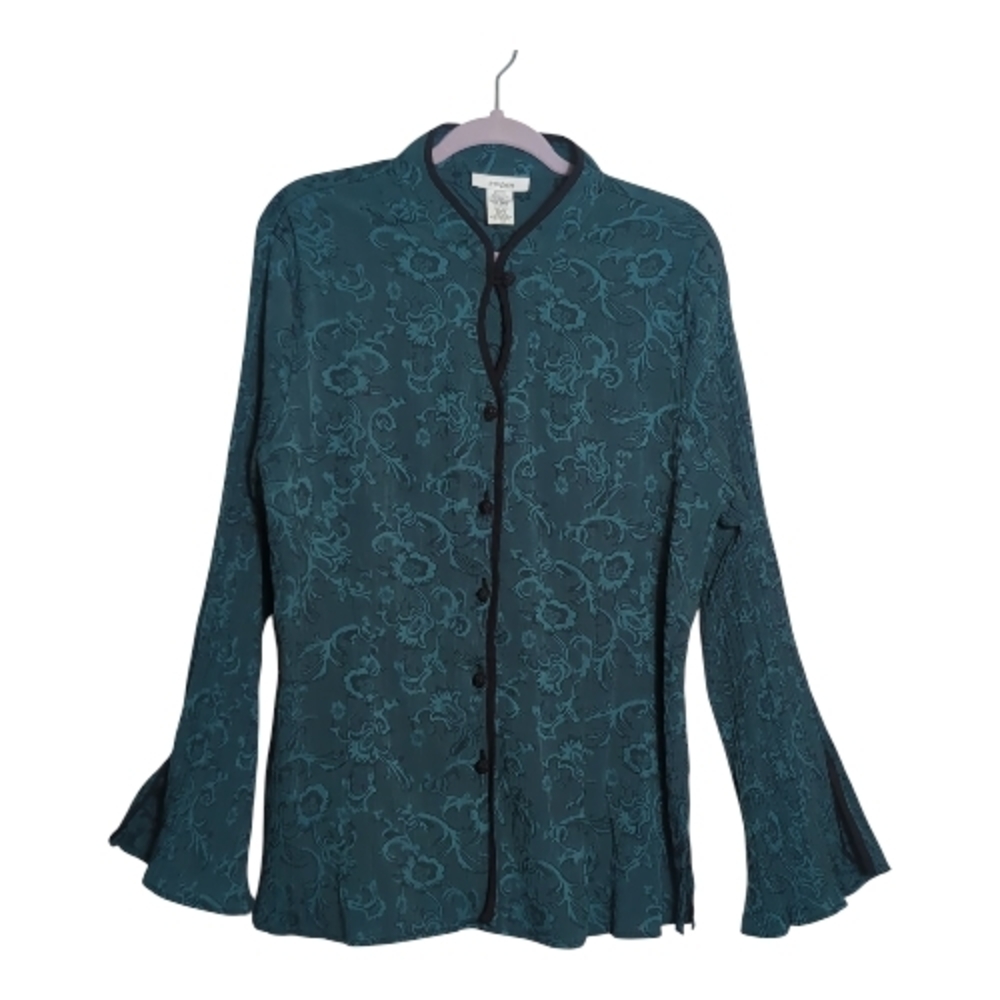 Dressbarn 22/24 Teal Floral Jacquard Bell Sleeve Tunic Romantic Edwardian Whimsy